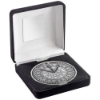 BLACK VELVET BOX AND 70mm MEDALLION DARTS TROPHY ANTIQUE SILVER - 4in