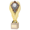 GOLD PLASTIC HOLDER + SNOOKER DISC ON CREAM MARBLE TROPHY (1in CEN) - 9in