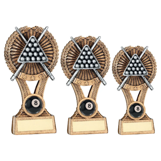 BRZ/GOLD/PEW POOL/SNOOKER ROUND WREATH ON V RISER WITH PLATE (1in CEN)