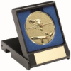 BLACK PLASTIC BOX WITH POOL/SNOOKER INSERT TROPHY GOLD - 3.5in