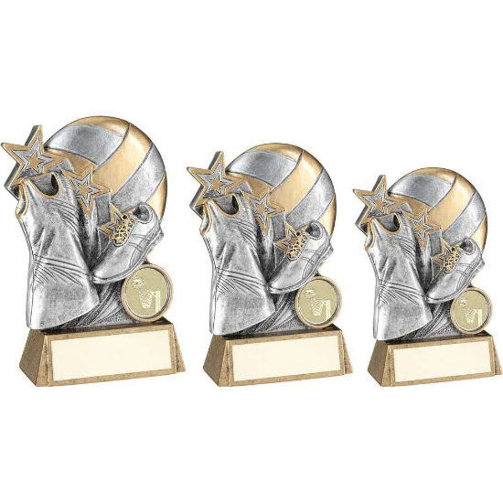 PEW/GOLD NETBALL WITH SHOE AND DRESS ON BRZ BASE WITH PLATE (1in CEN)