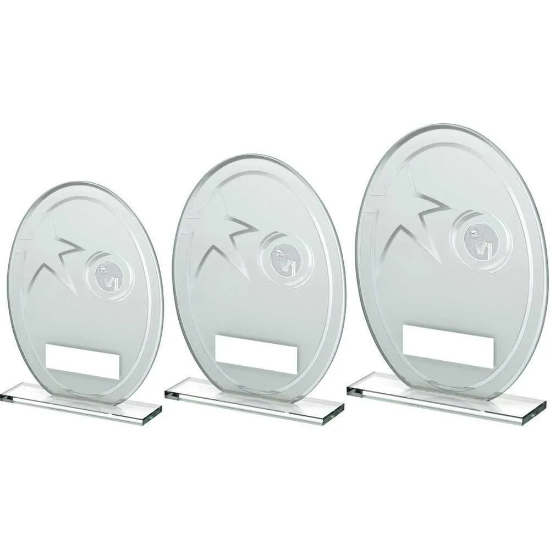 WHITE/SILVER PRINTED GLASS OVAL WITH NETBALL INSERT AND PLATE