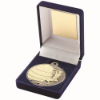 BLUE VELVET BOX AND 50mm NETBALL MEDAL TROPHY MATT SILVER/GOLD - 3.5in