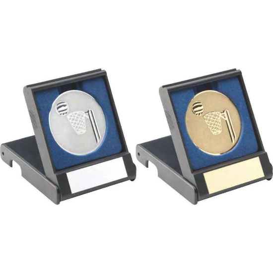 BLACK PLASTIC BOX WITH NETBALL INSERT TROPHY SILVER