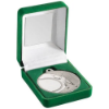 GREEN VELVET BOX AND 50mm TENNIS MEDAL TROPHY MATT SILVER/SILVER - 3.5in