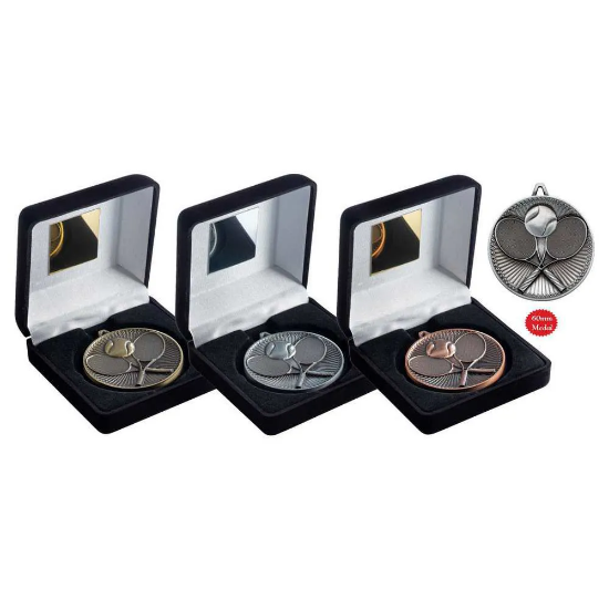 BLACK VELVET BOX AND 60mm MEDAL TENNIS TROPHY BRONZE
