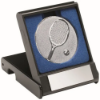 BLACK PLASTIC BOX WITH TENNIS INSERT TROPHY SILVER - 3.5in