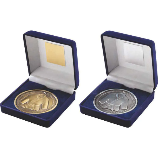 VELVET BOX AND 70mm MEDALLION MARTIAL ARTS TROPHY ANTIQUE SILVER