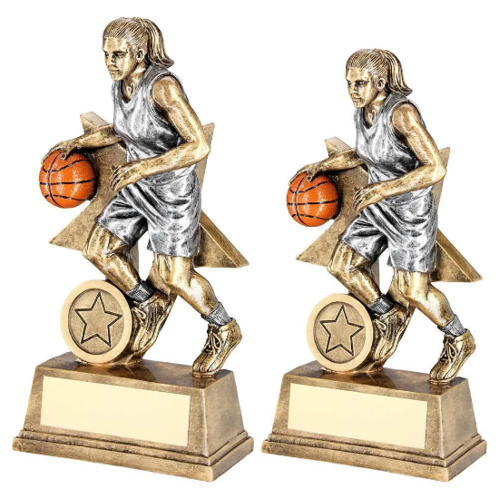 BRZ/PEW/ORANGE FEMALE BASKETBALL FIGURE WITH STAR BACK WITH PLATE (1in CEN)