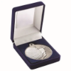 BLUE VELVET BOX AND 50mm BASKETBALL MEDAL TROPHY MATT SILVER/SILVER - 3.5in