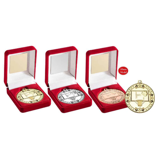 VELVET BOX AND 50mm MEDAL BASKETBALL TROPHY SILVER