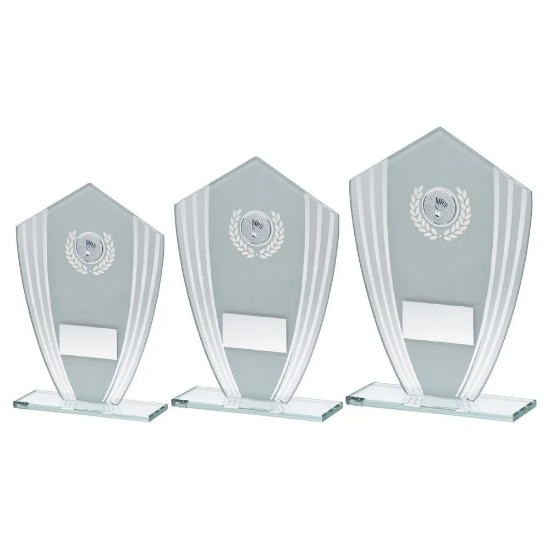 WHITE/SILVER GLASS SHIELD PLAQUE WITH BADMINTON INSERT & PLATE