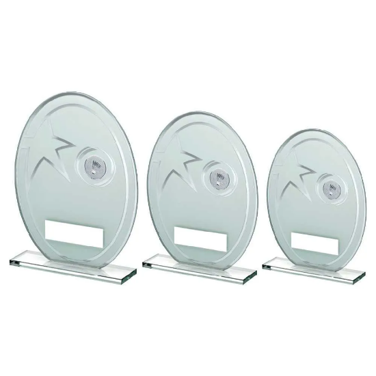 WHITE/SILVER PRINTED GLASS OVAL WITH BADMINTON INSERT AND PLATE