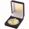 BLUE VELVET BOX AND 50mm MEDAL BADMINTON TROPHY GOLD - 3.5in