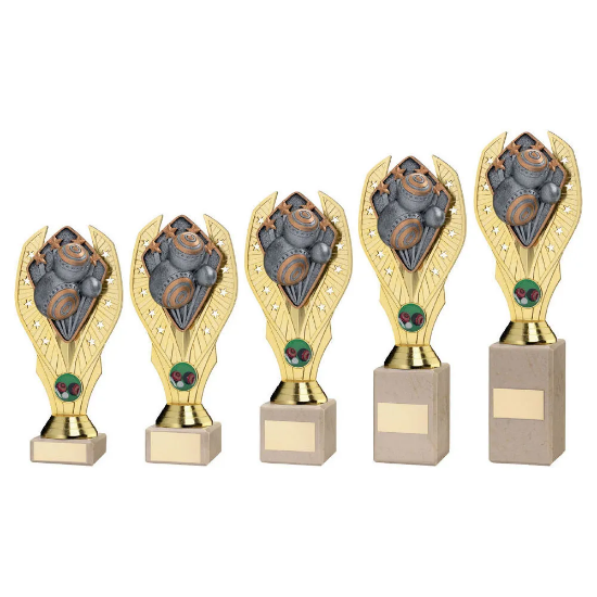 GOLD PLASTIC HOLDER + LAWN BOWLS DISC ON CREAM MARBLE TROPHY (1in CEN)