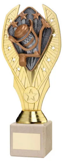 GOLD PLASTIC HOLDER + ANGLING DISC ON CREAM MARBLE TROPHY (1in CEN) - 7.75in