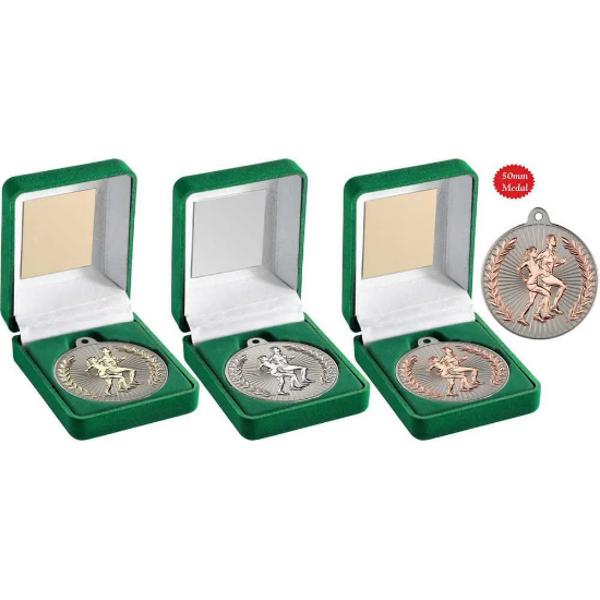GREEN VELVET BOX AND 50mm RUNNING MEDAL TROPHY MATT SILVER/SILVER