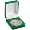 GREEN VELVET BOX AND 50mm RUNNING MEDAL TROPHY MATT SILVER/SILVER - 3.5in