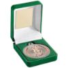 GREEN VELVET BOX AND 50mm RUNNING MEDAL TROPHY MATT SILVER/BRONZE - 3.5in