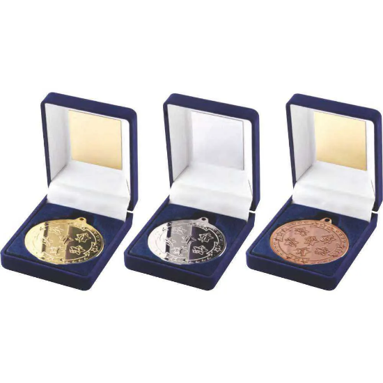 VELVET MEDAL BOX AND 50mm MEDAL MULTI ATHLETICS TROPHY SILVER