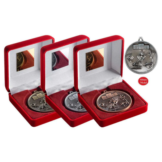 VELVET BOX AND 60mm MEDAL ATHLETICS TROPHY BRONZE