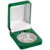 GREEN VELVET BOX AND 50mm TABLE TENNIS MEDAL TROPHY MATT SILVER/SILVER - 3.5in