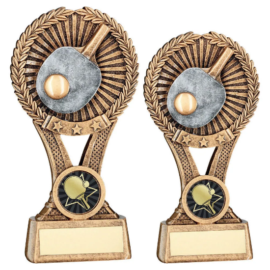 BRZ/GOLD/PEW TABLE TENNIS ROUND WREATH ON V RISER WITH PLATE (1in CEN)