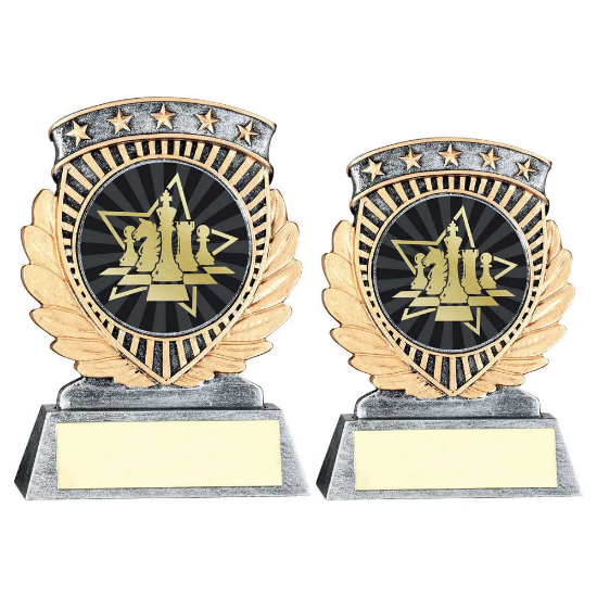 PEW/GOLD 5 STAR HOLDER WITH VINYL CHESS INSERT & PLATE