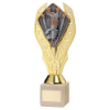 GOLD PLASTIC HOLDER+VICTORY TORCH DISC ON CREAM MARBLE TROPHY (1in CEN) - 7.75in