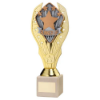 GOLD PLASTIC HOLDER + RUNNER UP DISC ON CREAM MARBLE TROPHY (1in CEN) - 7.75in