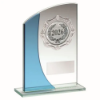 JADE/BLUE GLASS PLAQUE WITH SILVER TRIM TROPHY - (2in CENTRE) 7in