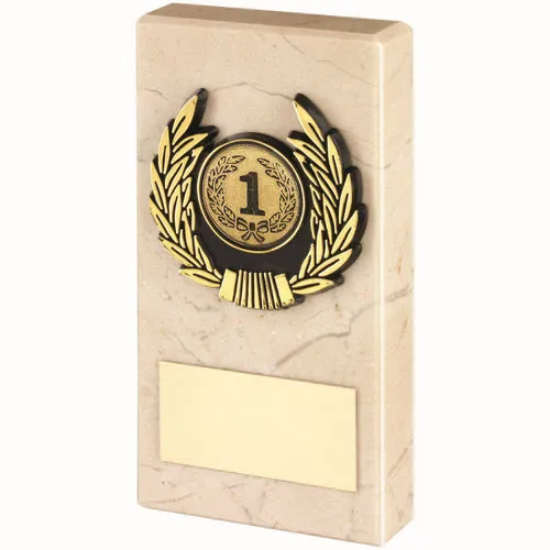 CREAM MARBLE AND GOLD TRIM ASSEMBLED TROPHY (1in CENTRE) - 4 x 2in