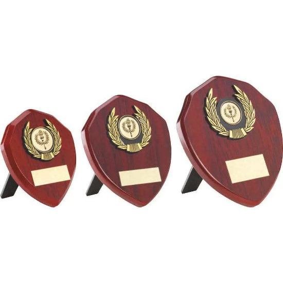 ROSEWOOD SHIELD AND GOLD TRIM ASSEMBLED TROPHY (1in CENTRE)