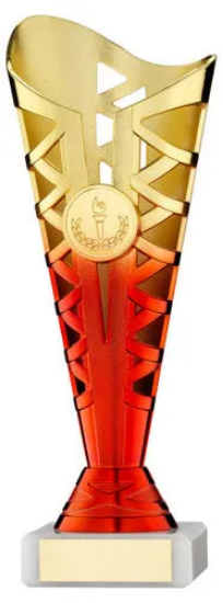 GOLD/RED PLASTIC TITAN CUP ASSEMBLED ON MARBLE (1in CEN) - 8.75in