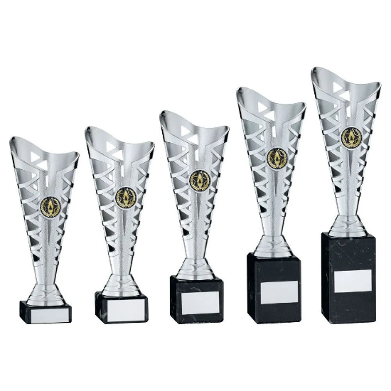 SILVER PLASTIC TITAN CUP ON BLACK MARBLE ASSEMBLED TROPHY (1in CEN)