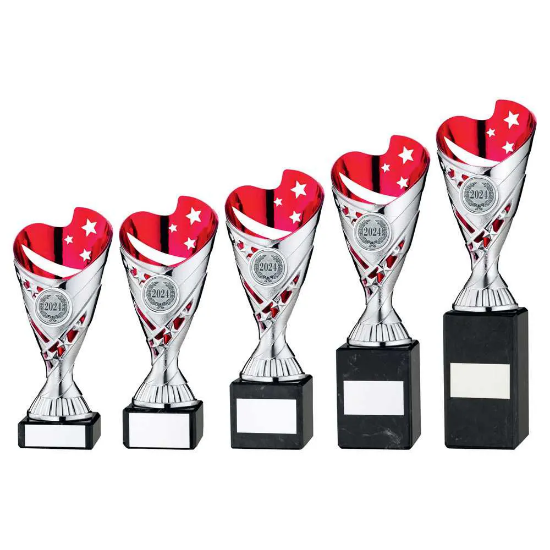 SILVER/PINK PLASTIC SABRE CUP ON BLK MARBLE ASSEMBLED TROPHY (1" CEN)