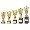 GOLD PLASTIC FLASH CUP ON BLACK MARBLE ASSEMBLED TROPHY (1" CEN)