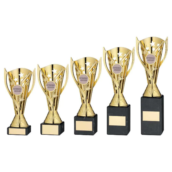 GOLD PLASTIC FLASH CUP ON BLACK MARBLE ASSEMBLED TROPHY (1" CEN)