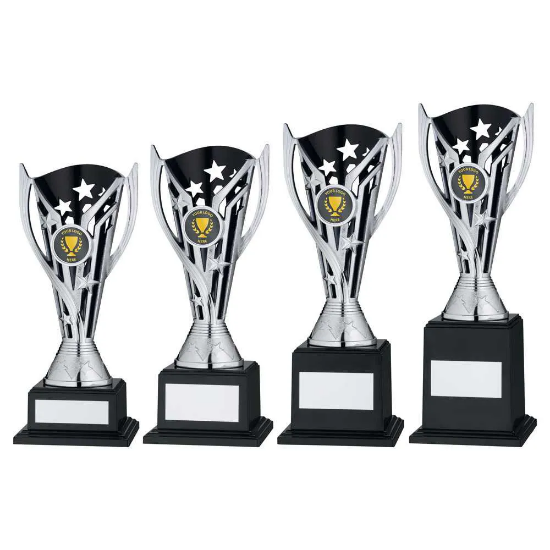 SILVER/BLACK PLASTIC FLASH CUP ON BASE ASSEMBLED TROPHY (1" CEN)