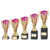 GOLD/PURPLE PLASTIC FLASH CUP ON BLK MARBLE ASSEMBLED TROPHY (1" CEN)