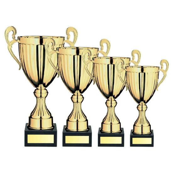 GOLD CONICAL TROPHY CUP WITH HANDLES AND PLATE