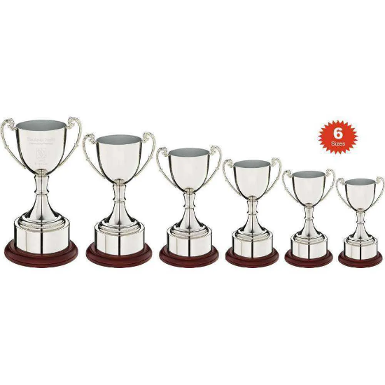 NICKEL PLATED CUP ON ROUND PLINTH WITH BAND