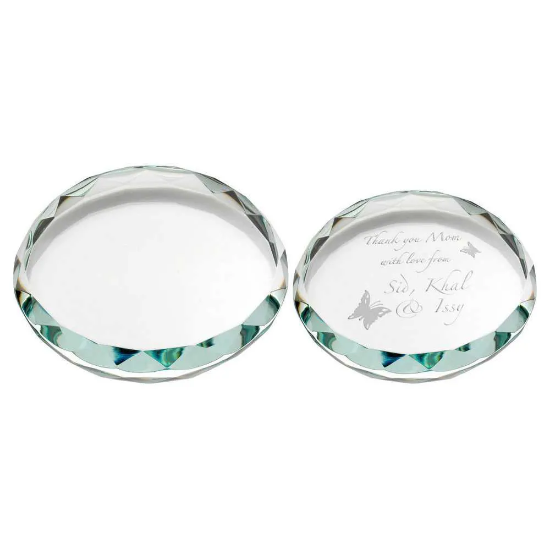 CLEAR GLASS ROUND PAPERWEIGHT WITH FACETED EDGE (19mm THICK)