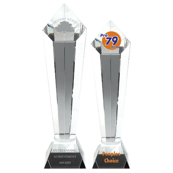 CLEAR GLASS PENTAGON COLUMN ON BASE