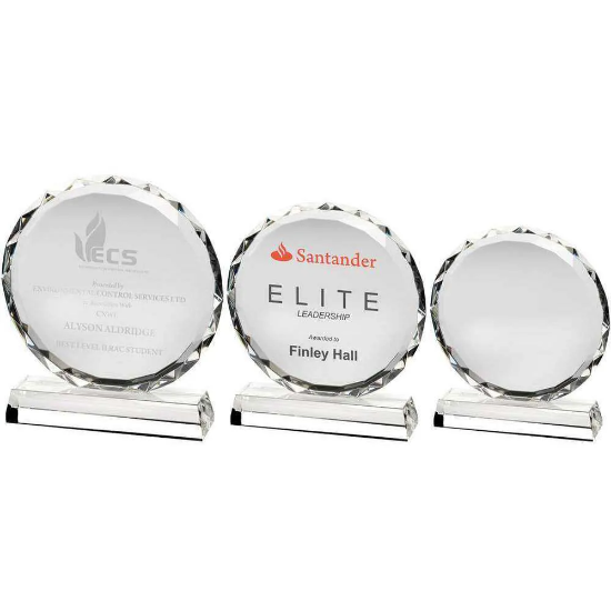CLEAR GLASS CIRCLE WITH FACETED EDGE ON BASE  (25mm THICK)