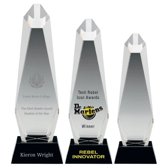 CLEAR GLASS HEXAGONAL COLUMN ON BLACK BASE