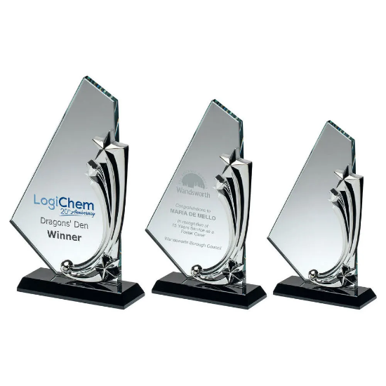 CLEAR/BLK GLASS PLAQUE WITH METAL STARS (10mm THICK)