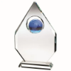 CLEAR GLASS DIAMOND PLAQUE WITH BLUE GLOBE -  (18mm THICK) 13in