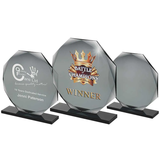 SMOKED BLACK GLASS OCTAGON PLAQUE (10mm THICK)