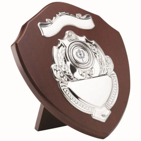 MAHOGANY SHIELD WITH CHROME FRONTS (1in CENTRE) - 9in